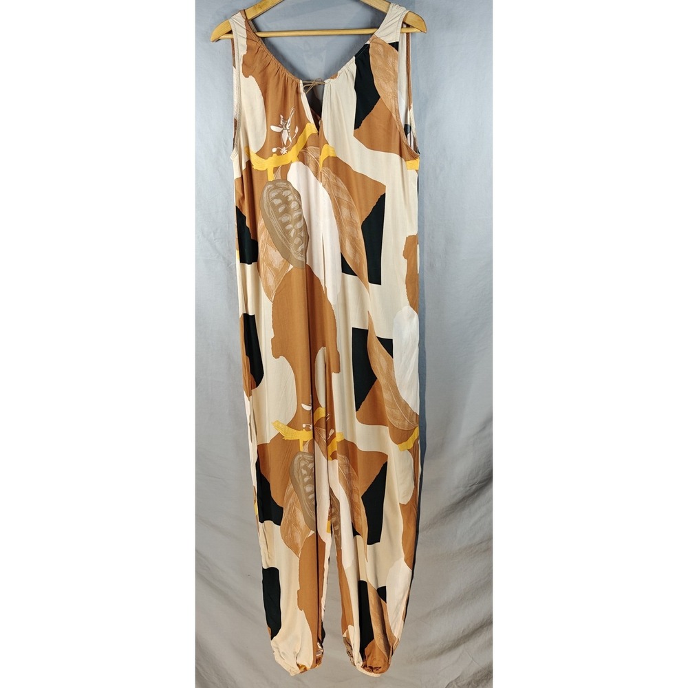 TNS Tennis Tropical Print Jumpsuit Spaghetti‎ Strap Casual Elastic Leg Large